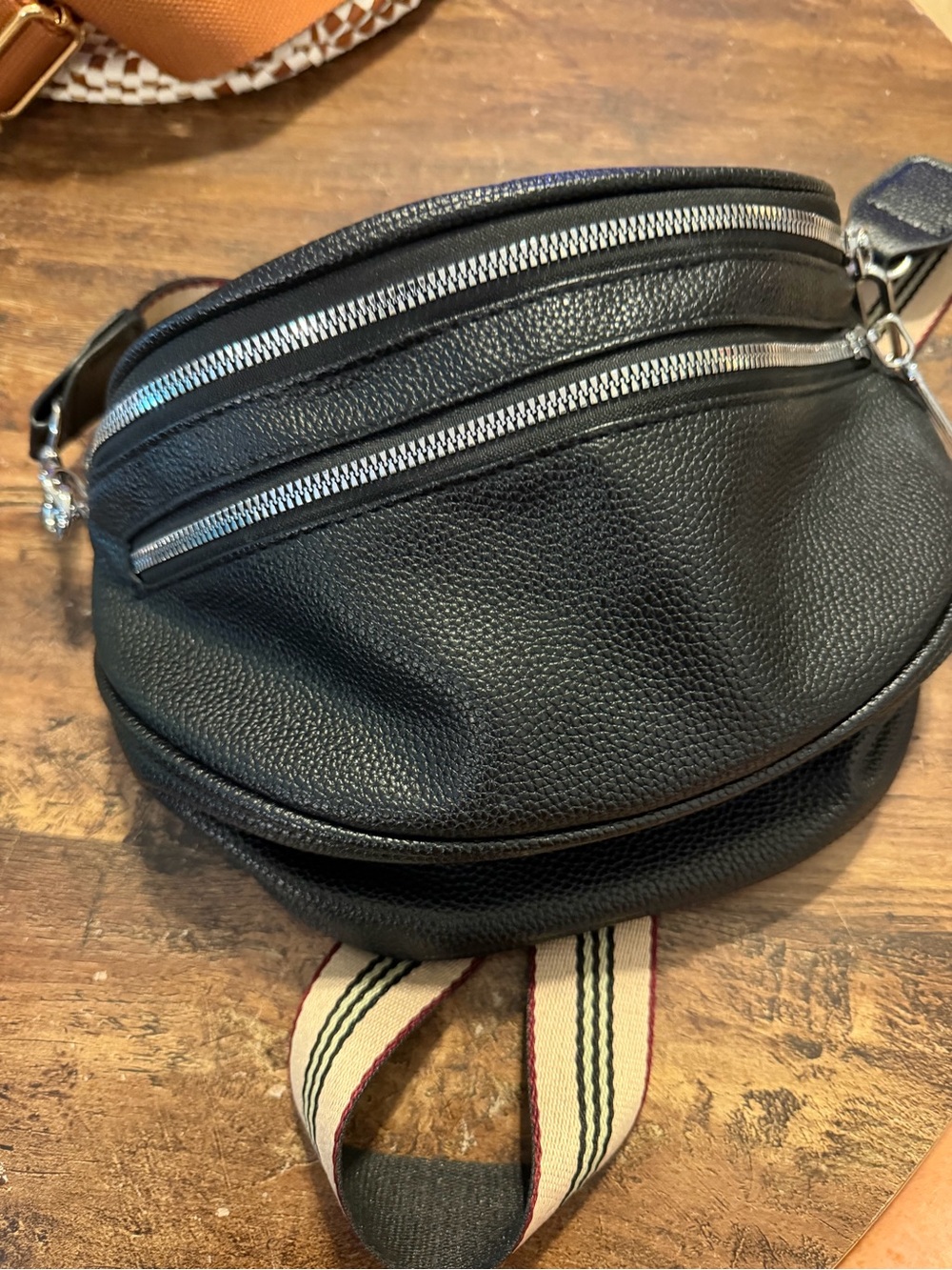 Women's Black Pebbled Crossbody Bag with Striped Strap